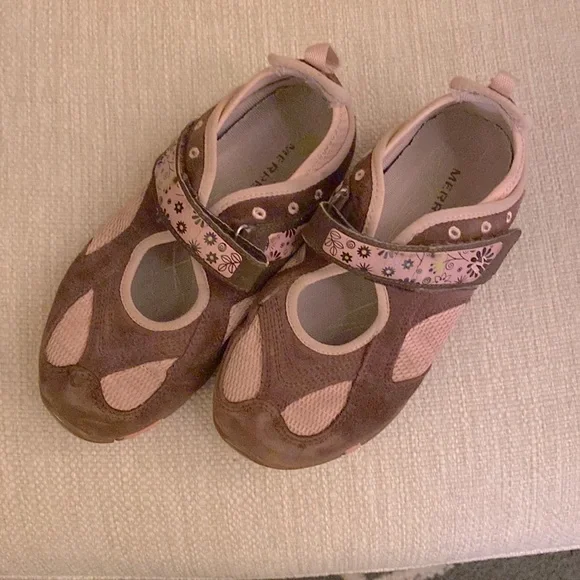 Merrell Brown Suede and Blush Pink Floral Velcro Aqua Lined Girls Size 1 - Picture 2 of 14